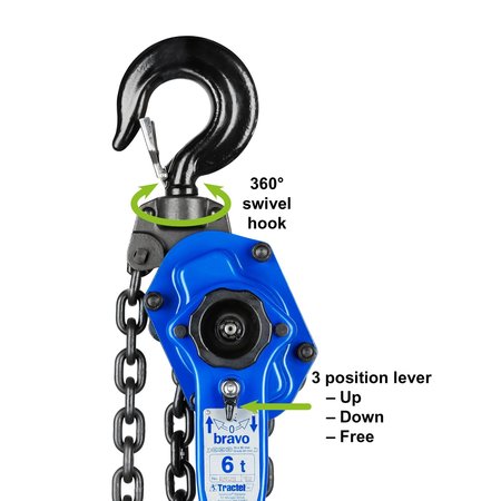 Tractel Lever Chain Hoist, 12,000 lb Load Capacity, 10 ft Hoist Lift, 2.6 in. Hook Opening 19700